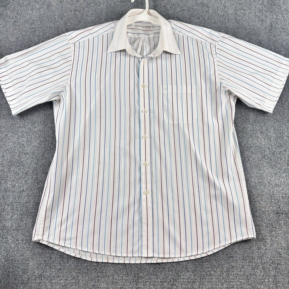 Christian Aujard Paris Mens Shirt 110 L White Blue Burgundy Stripe Short Sleeve